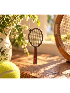 Vintage Stained Glass Mini Tennis Racket Suncatcher Goldtone 3"